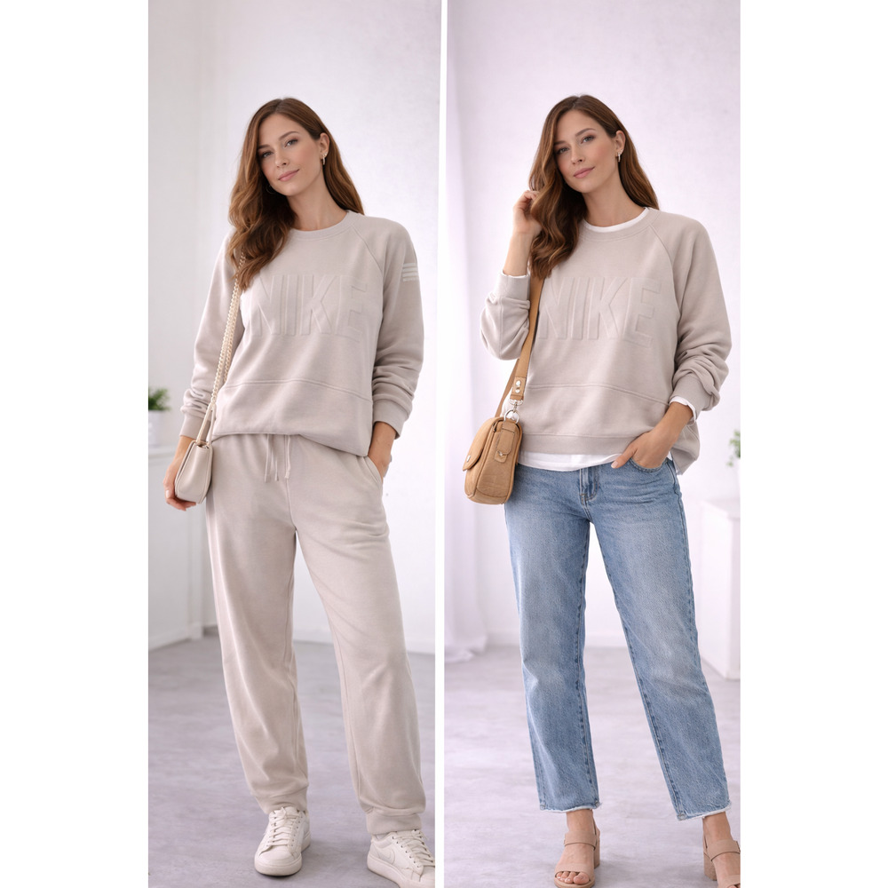 Nike Beige Sweatshirt Embossed Logo Barry’s Studio Relaxed crop Athleisure Sz-M